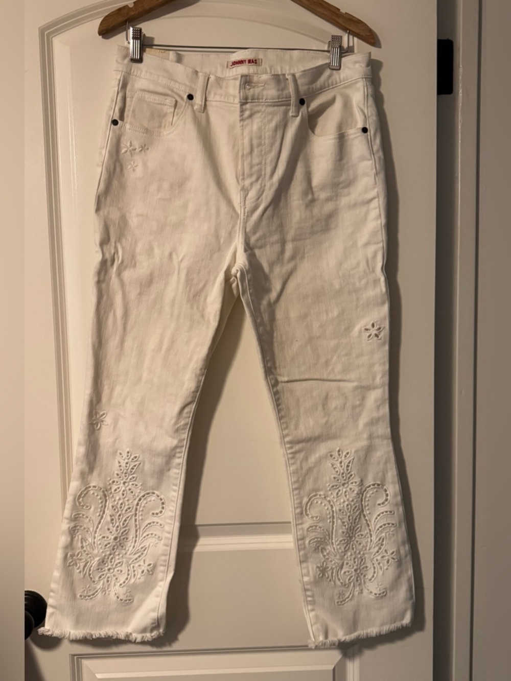 Johnny Was White Embroidered Flare Jeans